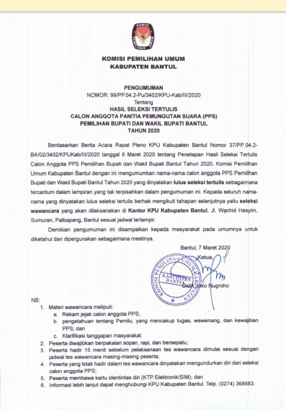 Pengumuman Hasil tes tertulis Calon PPS Kecamatan Pundong