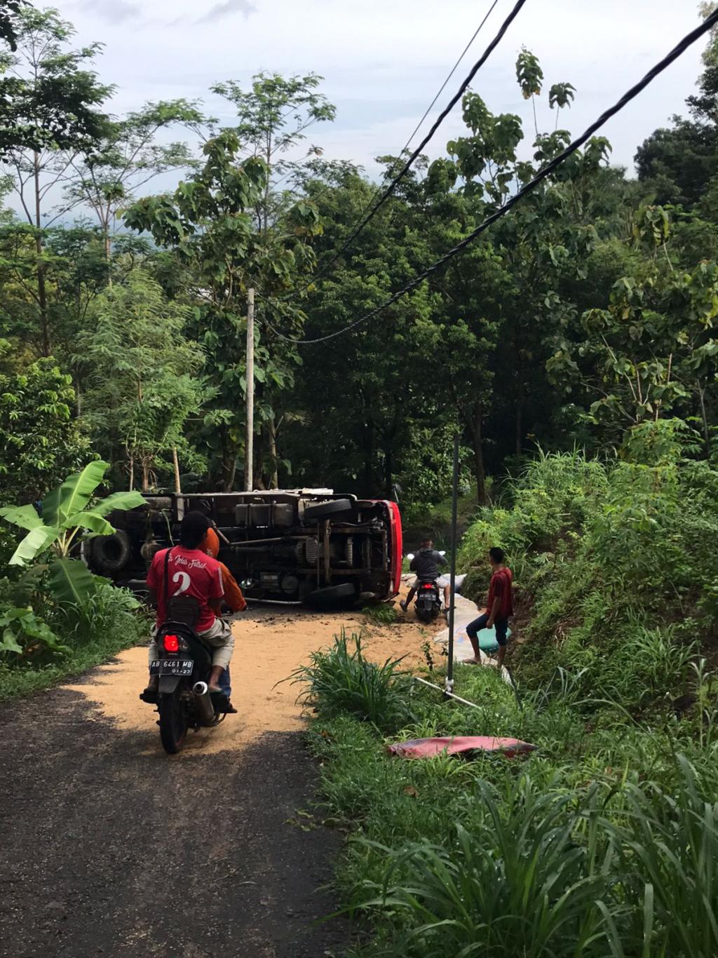 Laka Lantas Tunggal, Truk Bermuatan Merang Terguling Di Desa Geger