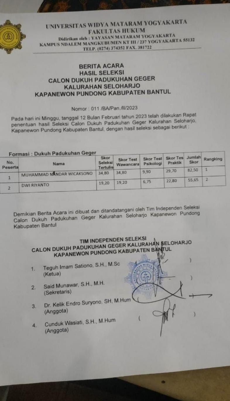 SELEKSI CALON DUKUH PAUKUHAN GEGER SELOHARJO PUNDONG BANTUL