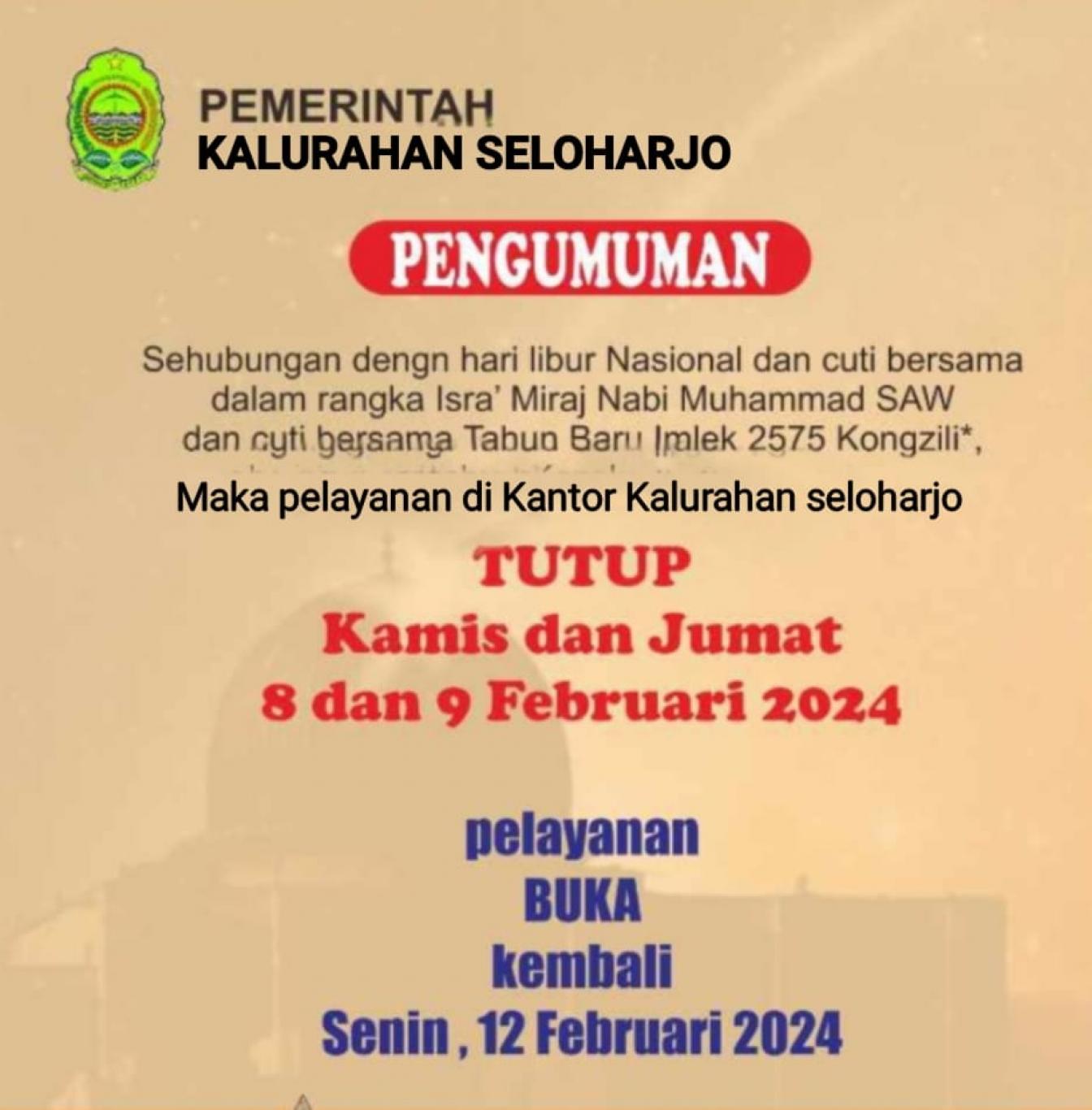 Kantor Kalurahan Seloharjo Tutup Kamis, 9 Februari S/d Jumat 9 Februari 2024