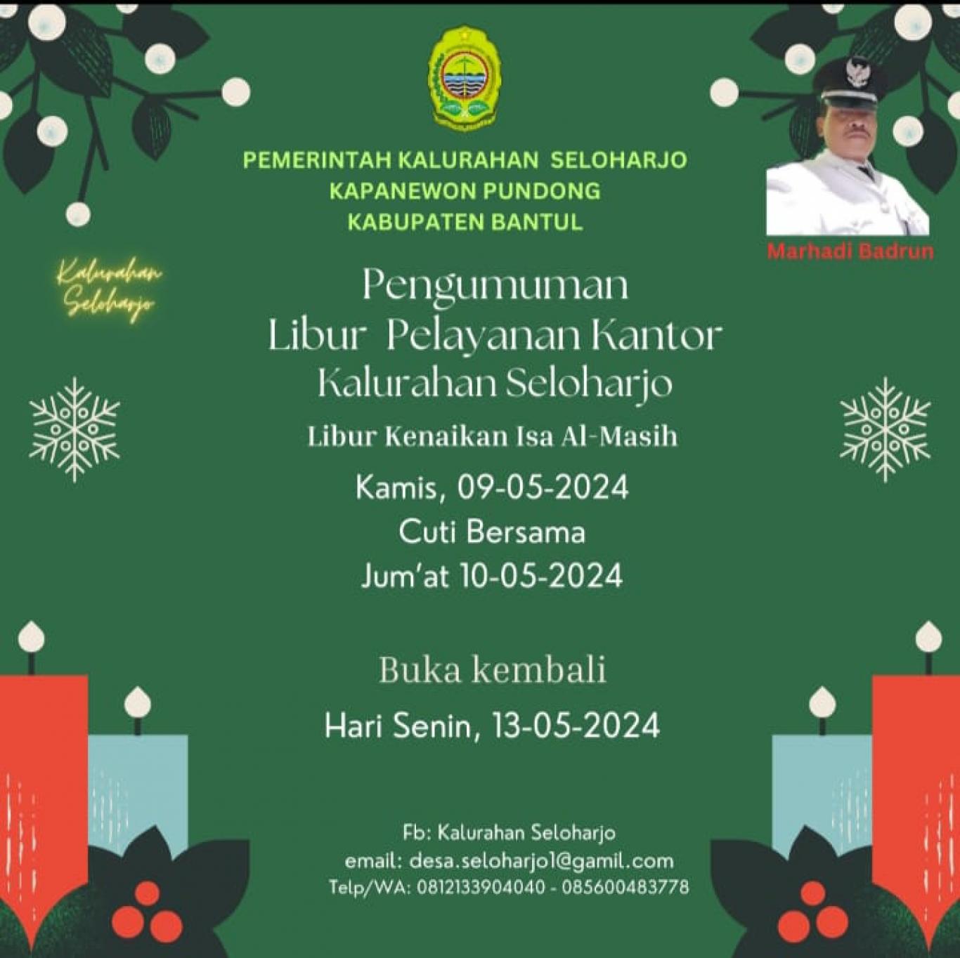 Pengumuman Libur Pelayanan Kantor Kalurahan Seloharjo 09-10 Mei 2024