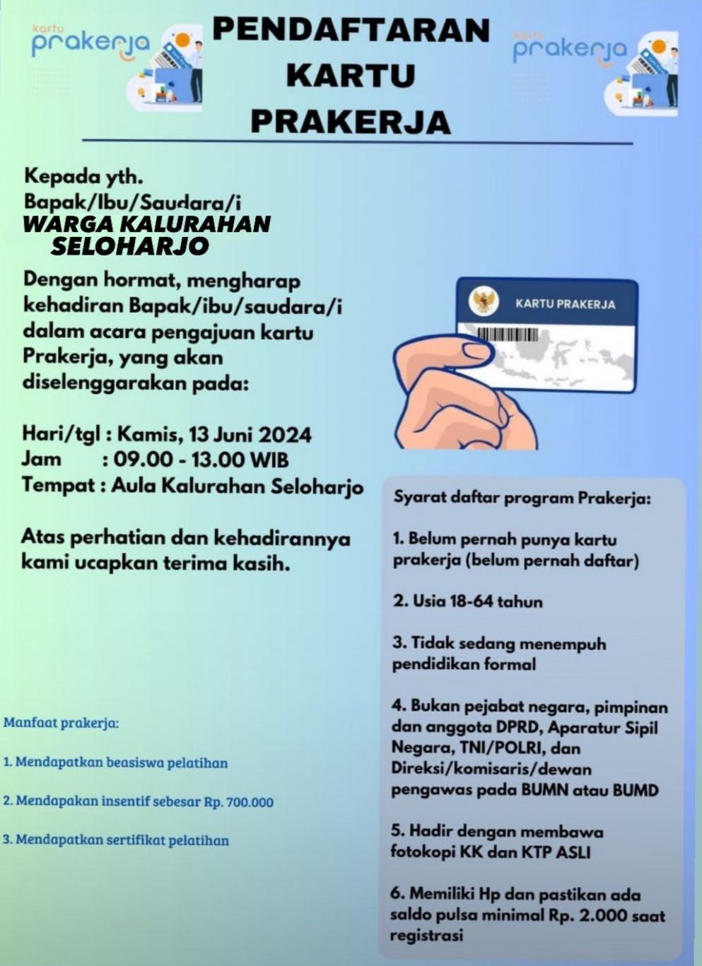 Pendaftaram Kartu Prakerja di Aula Kalurahan Seloharjo