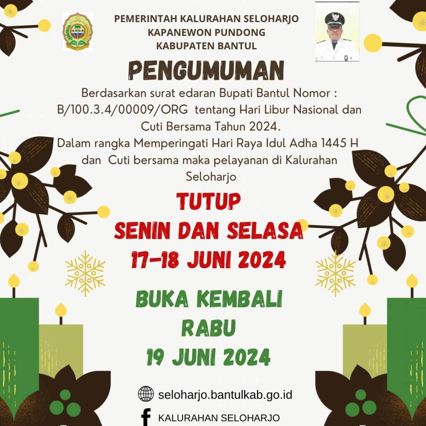 Pengumuman Libur Pelayanan Kantor Kalurahan Seloharjo 17-18 Juni 2024