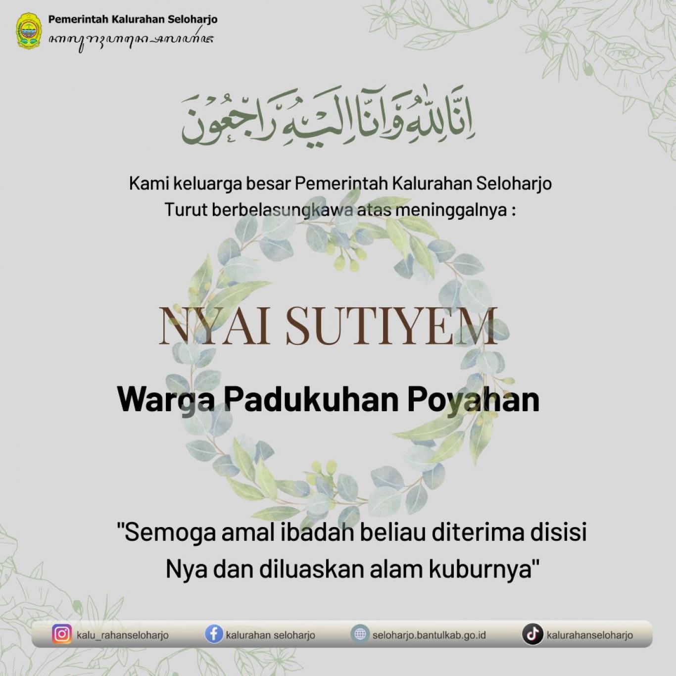 Berita Lelayu Nyai Sutiyem Warga Padukuhan Poyahan