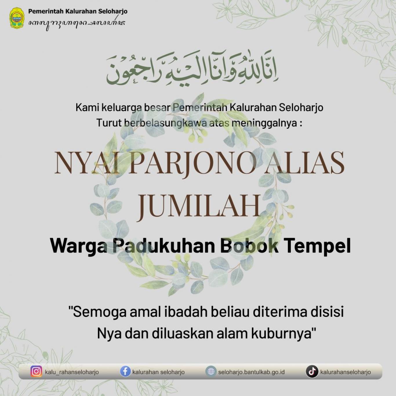 Berita Lelayu Nyai Parjono alias Jumilah Warga Padukuhan Bobok Tempel