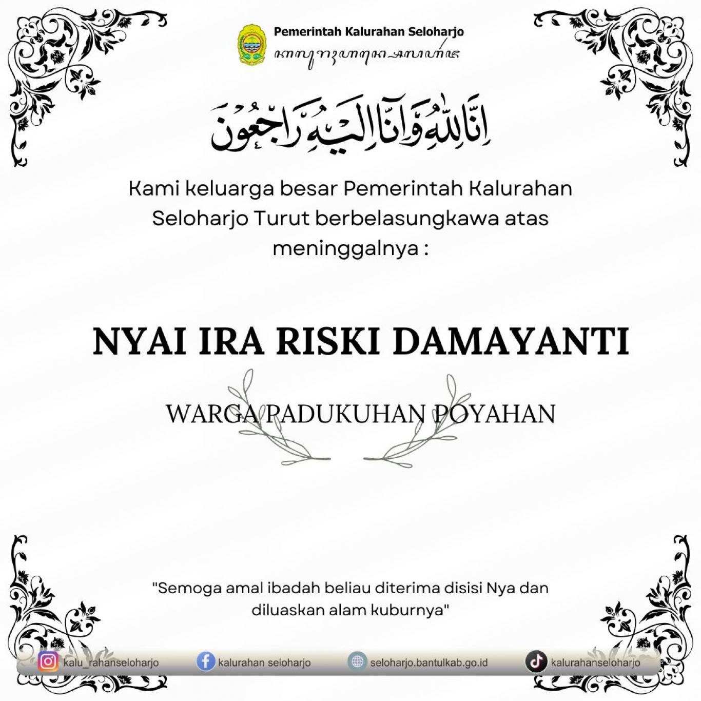 Berita Lelayu Nyai Ira Riski Damayanti Warga Padukuhan Poyahan