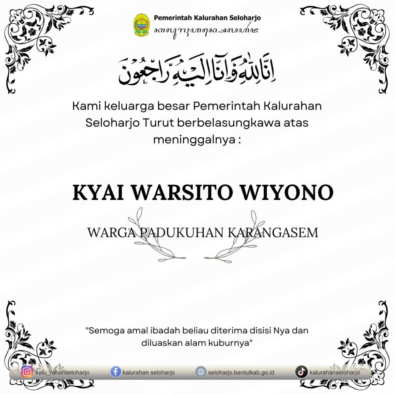 Berita Lelayu Kyai Warsito Wiyono Warga Padukuhan Karangasem
